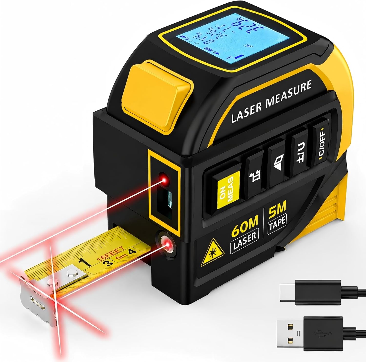 Laser Tape Measure 4-in-1, 197FT Laser Distance Meter with 16FT Auto-Lock Tape, Cross-Line Laser Level, Dual-Axis