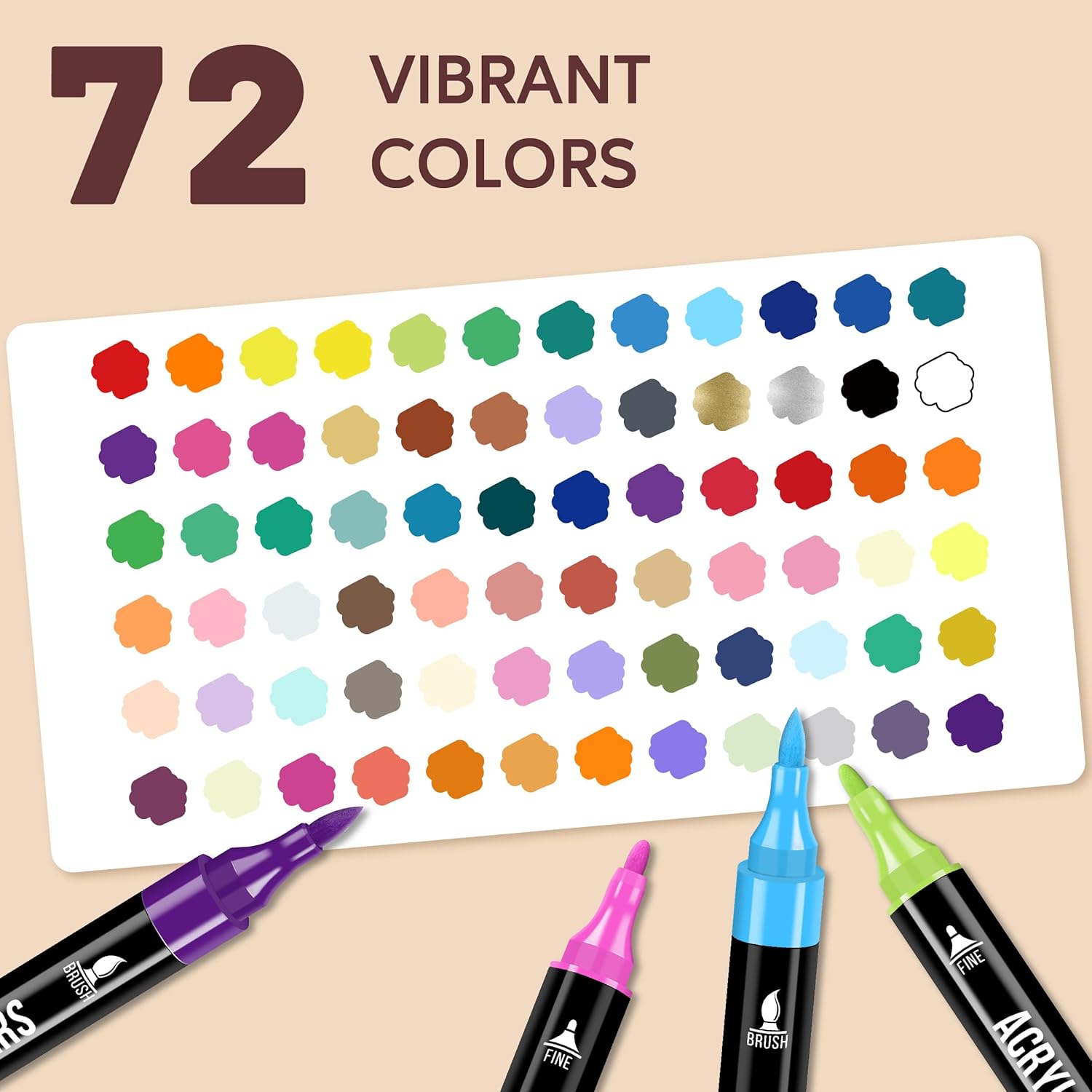 72 Colors Acrylic Paint Markers, Dual Tip with Fine Tip and Brush Tip Pens for Stone, Wood, Calligraphy, Canvas