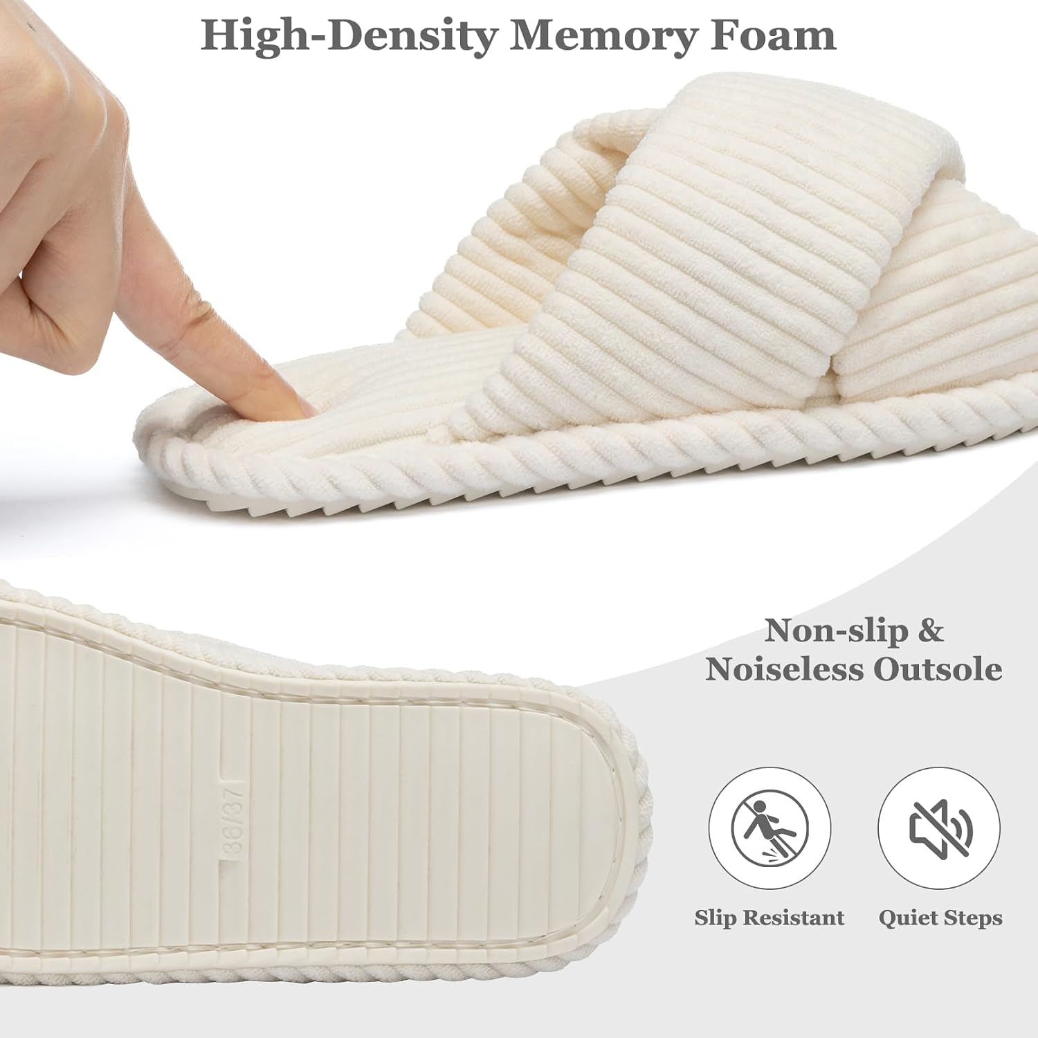 Slippers for Women with Memory Foam Open toe House Bedroom Shoes | Crossbands Cozy Corduroy Slides,Non Slip