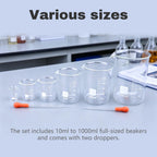 10ml 50ml 100ml 250ml 500ml 1000ml Glass Beaker Set & 2Pcs Pasteur Pipettes
