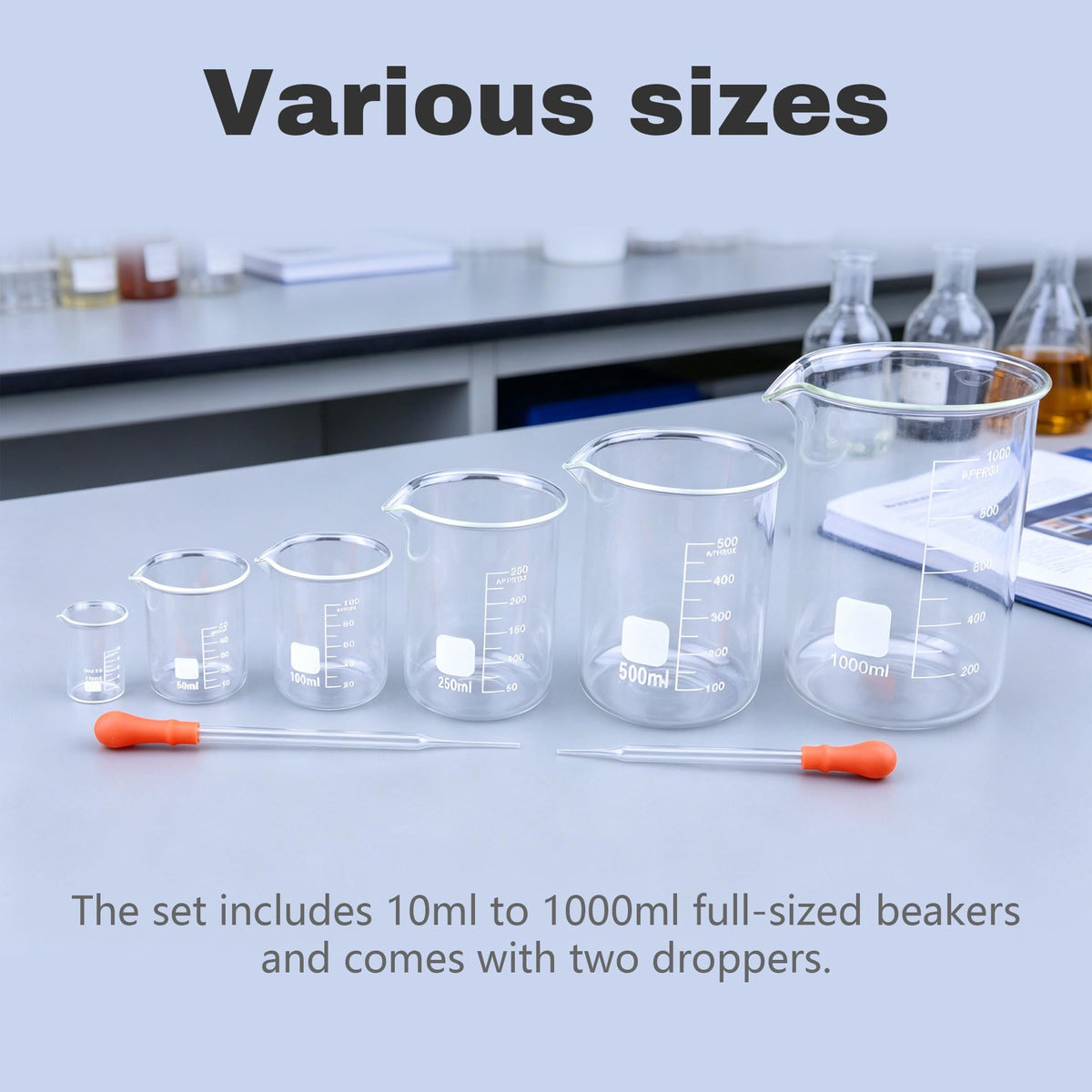 10ml 50ml 100ml 250ml 500ml 1000ml Glass Beaker Set & 2Pcs Pasteur Pipettes