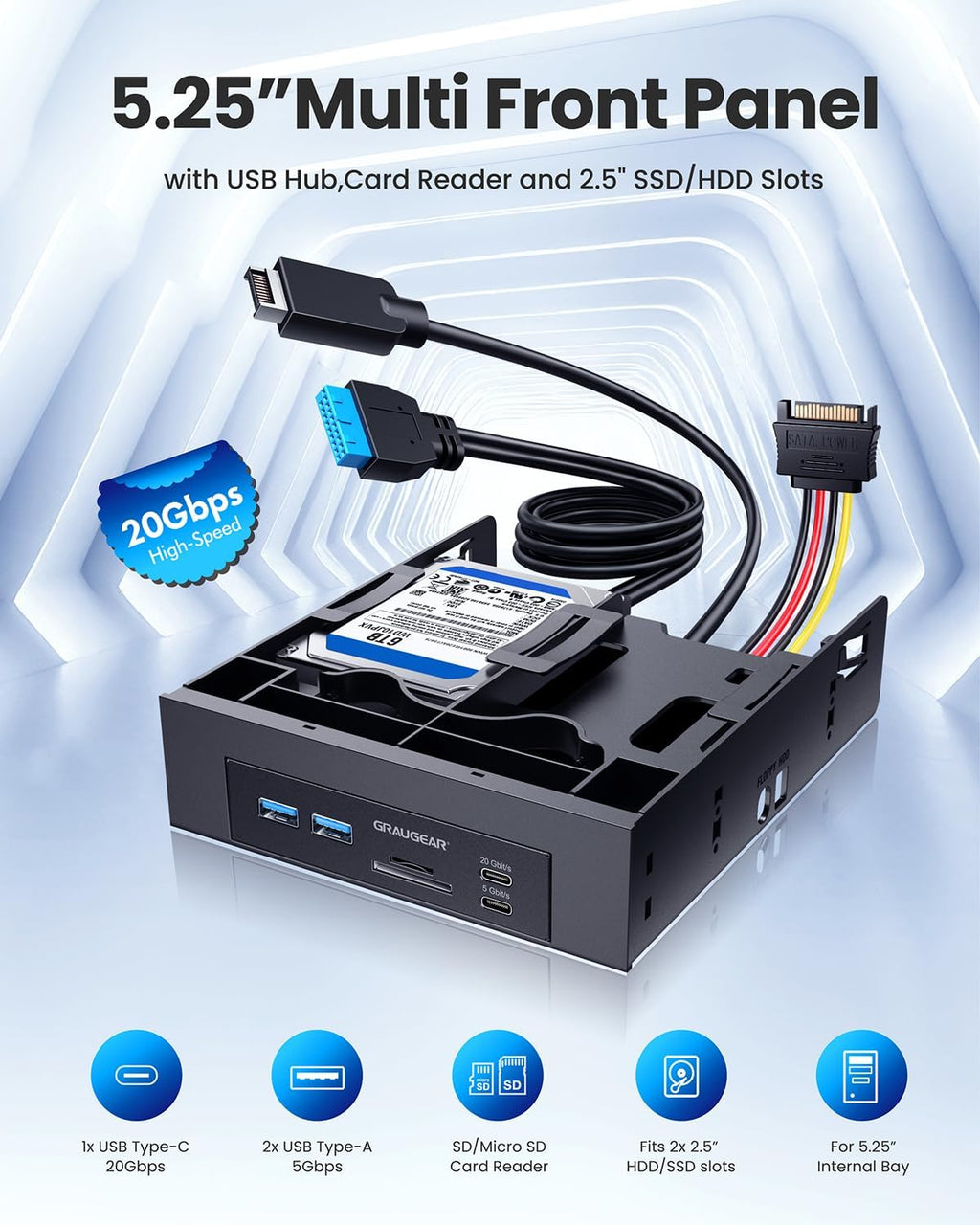 5.25” Front Panel USB Hub, Internal SD/microSD Card Reader for Desktop PC, Gen2x2 20Gbps USB-C Port, Dual 2.5"
