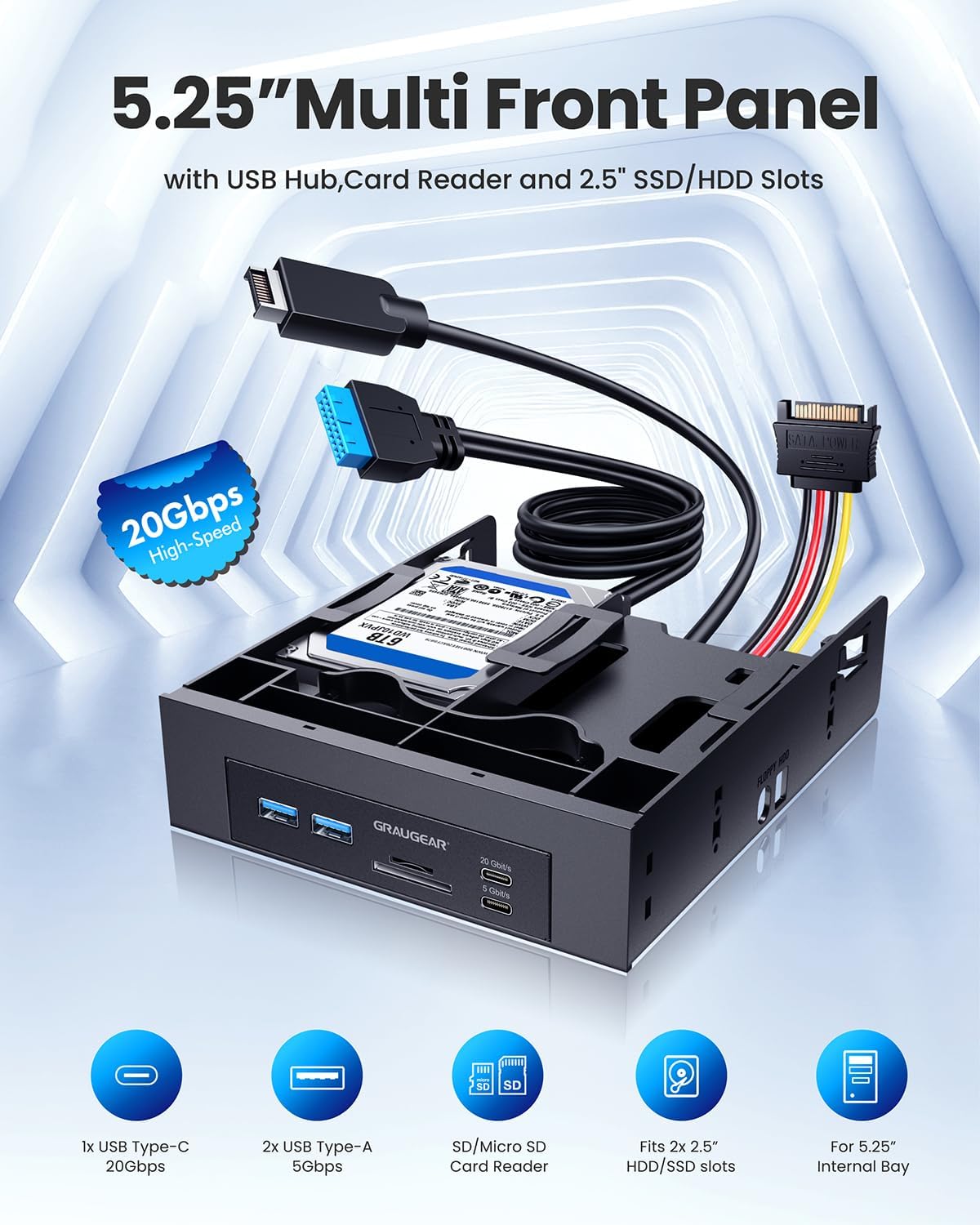 5.25” Front Panel USB Hub, Internal SD/microSD Card Reader for Desktop PC, Gen2x2 20Gbps USB-C Port, Dual 2.5"