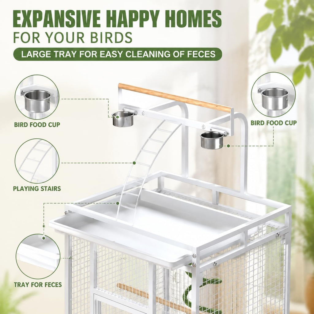 61 Inch Wrought Iron Large Bird Cage with Rolling Stand, Heavy-Duty Parakeet Cage with Pull-Out Tray and Wheels