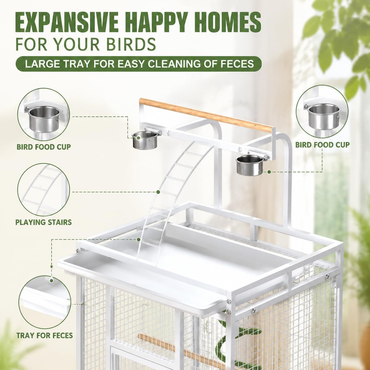 61 Inch Wrought Iron Large Bird Cage with Rolling Stand, Heavy-Duty Parakeet Cage with Pull-Out Tray and Wheels