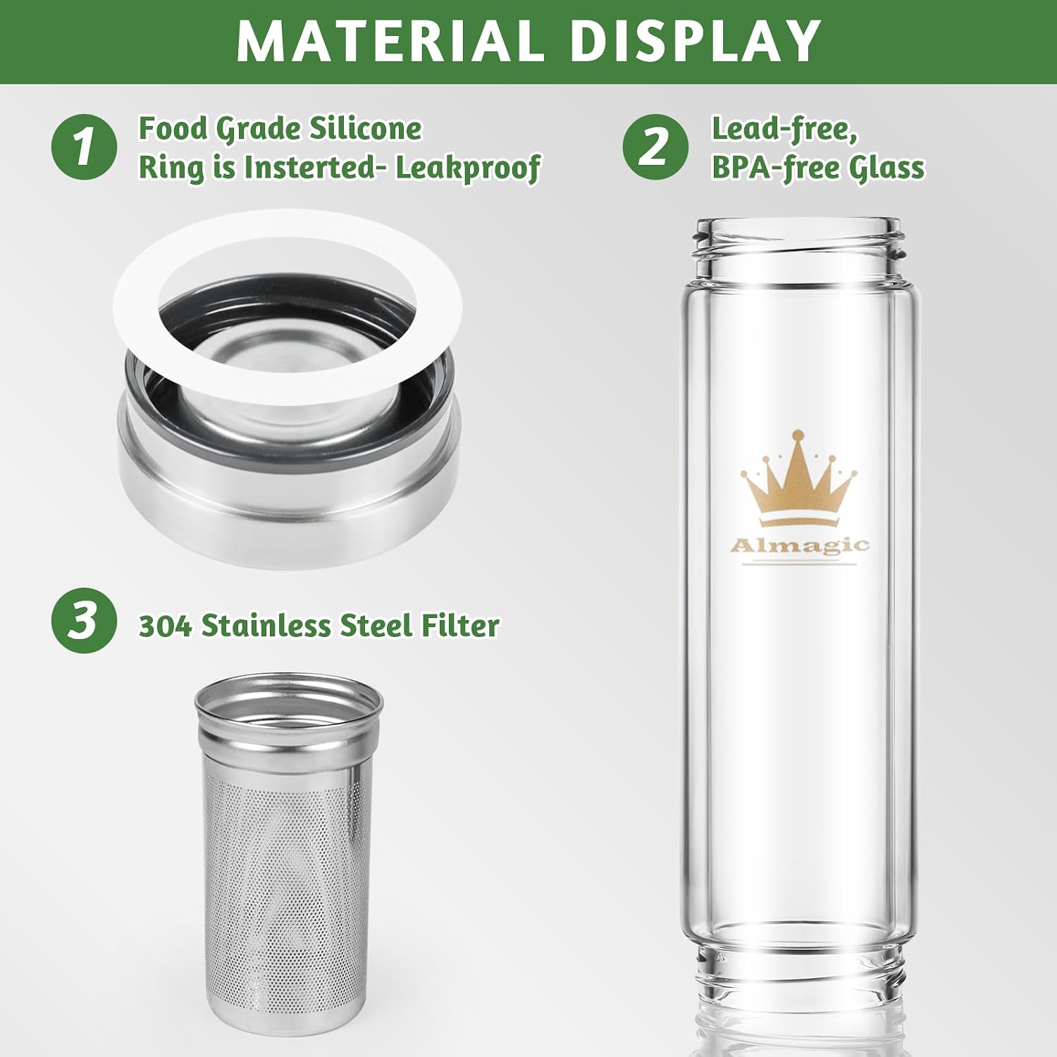 Tea Infuser Bottle for Loose Leaf Teas, 400 ml / 13.5 fl oz | Double Wall Glass Tea Bottle with Infuser, Insulated