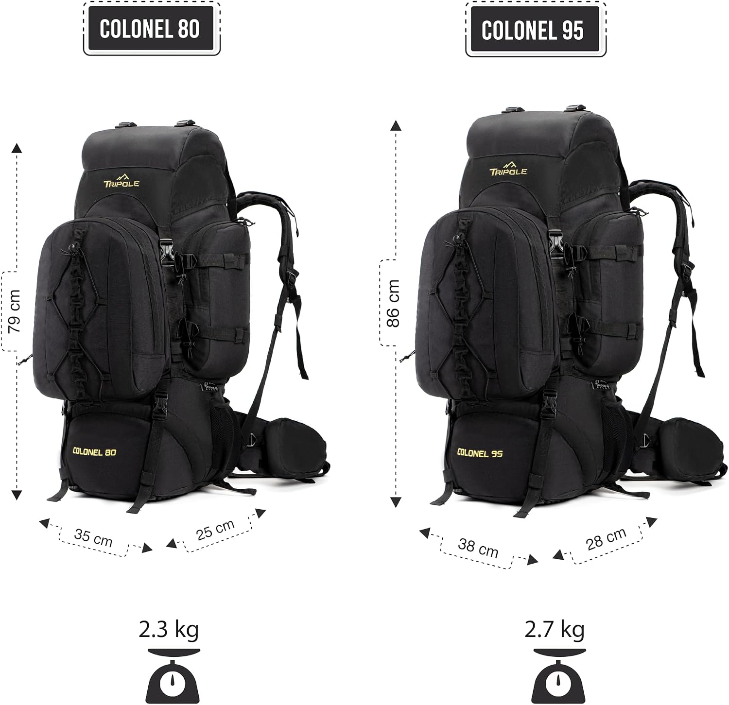 Colonel 80 Litres Internal Frame Trekking and Hiking Rucksack + Detachable Day Pack, Rain Cover, Black