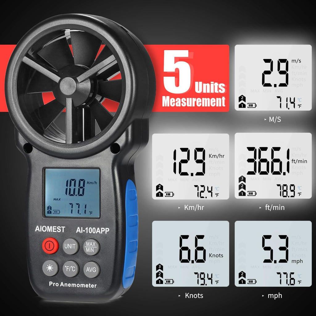 Anemometer Bluetooth 65MPH, AIOMEST HVAC Air Flow Wind Meter CFM AI-100APP