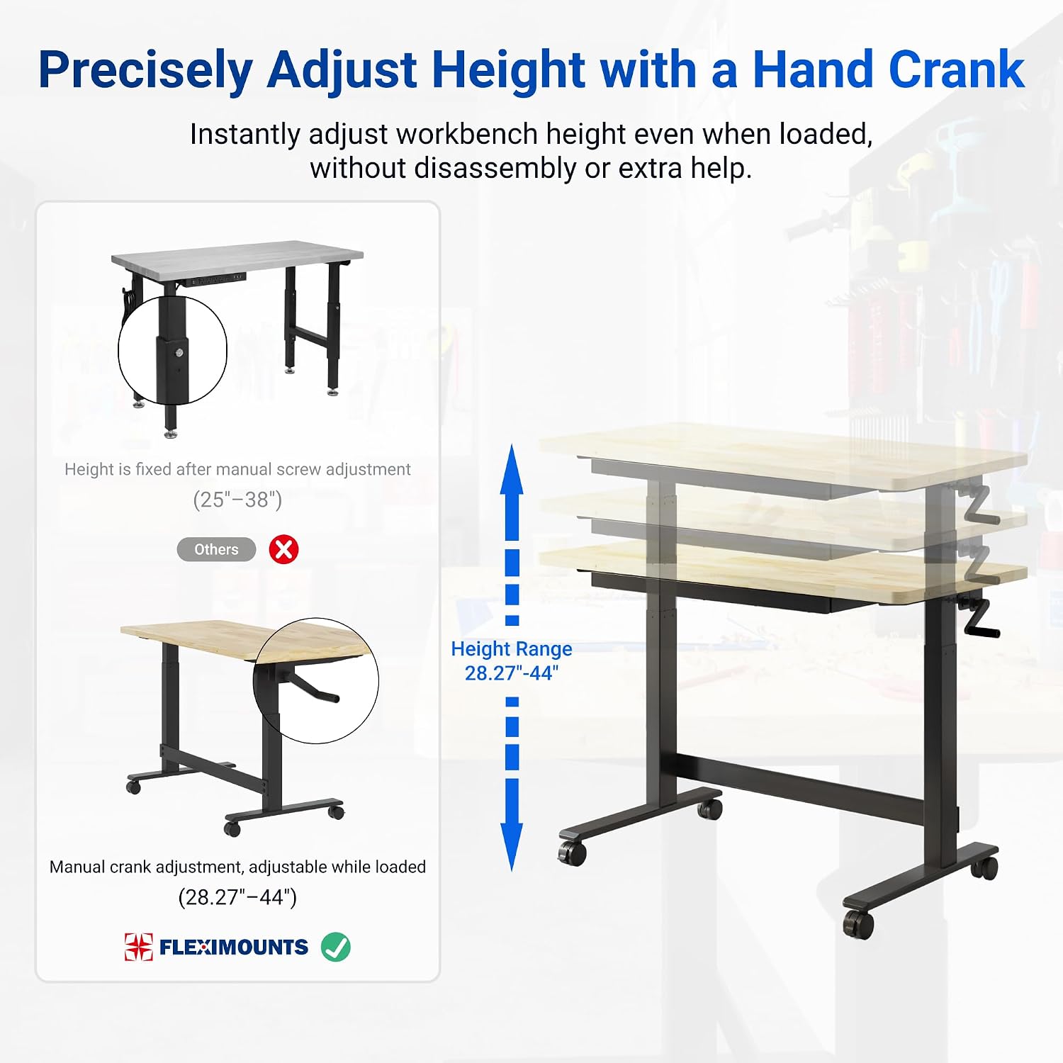 47.2" x 23.6" Adjustable Height Workbench, Hand Crank | Rubberwood Top, Heavy-Duty Steel Frame, Drawers And 360°