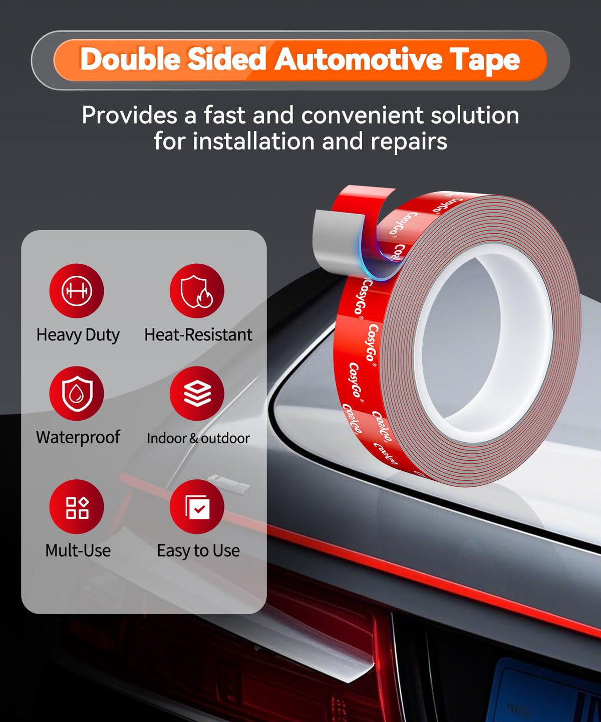 Heavy Duty Permanent Bond Double Sided Tape, Heat Resistant 2-Rolls