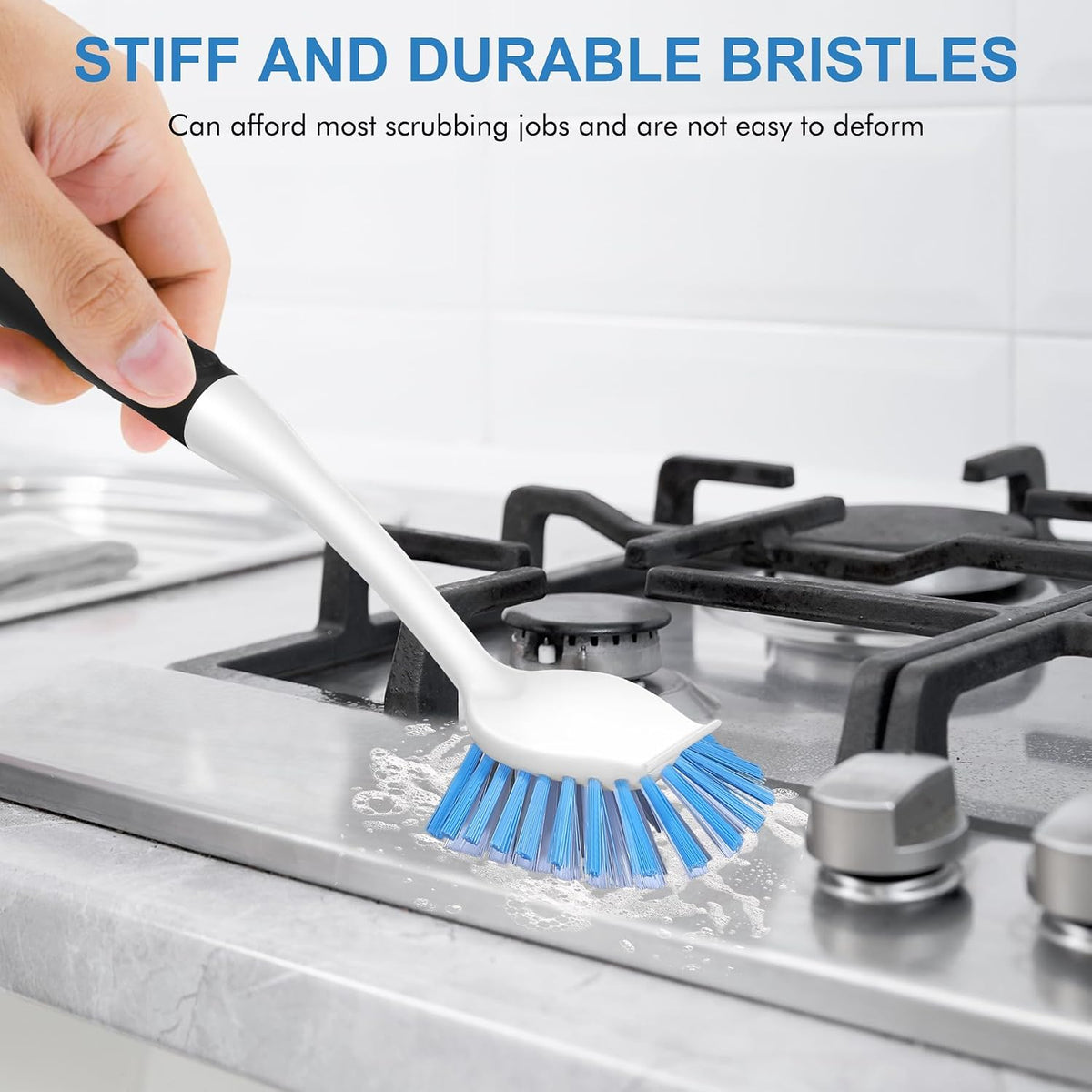 Dish Brush with Handle, 2 Pack Stiff Bristles Dish Scrubber with Built-in Scraper Dish Scrub Brushes for Cleaning