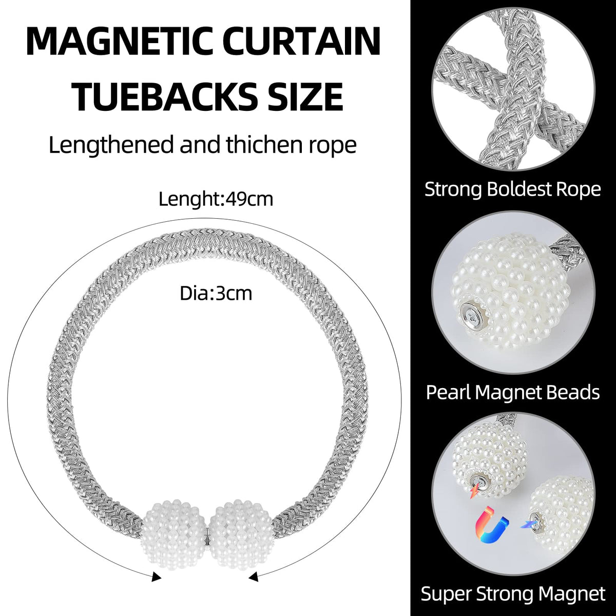 8 Pack Magnetic Curtain Tiebacks with Pearls,Elegant Window Treatment Holdbacks for Heavy Outdoor Drapes (Grey)