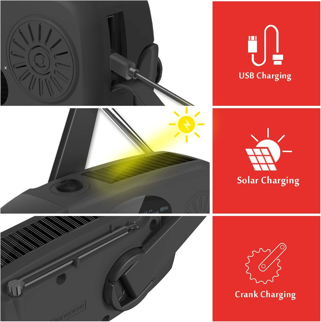 Solar Emergency Hand Crank Weather Radio, 2000mAh NOAA AM/FM | Portable Self Powered Radios with SOS Alarm LED