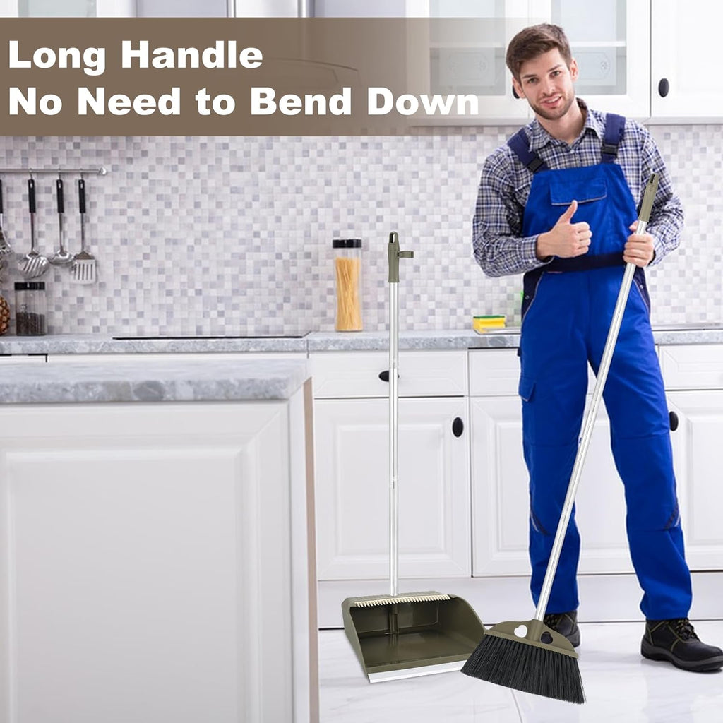 Upgrade Broom with Dustpan Combo Set,48'' Long Handle Stiff Broom Bristles with Heavy Duty Dust Pan,Indoor Outdoor