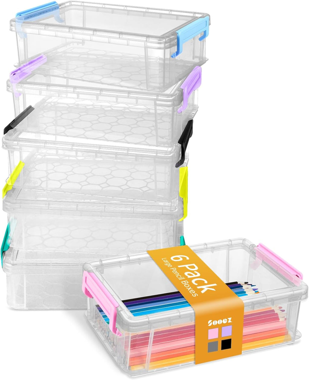 6 Pack Extra Large Pencil Box, Plastic Pencil Case Crayon Box