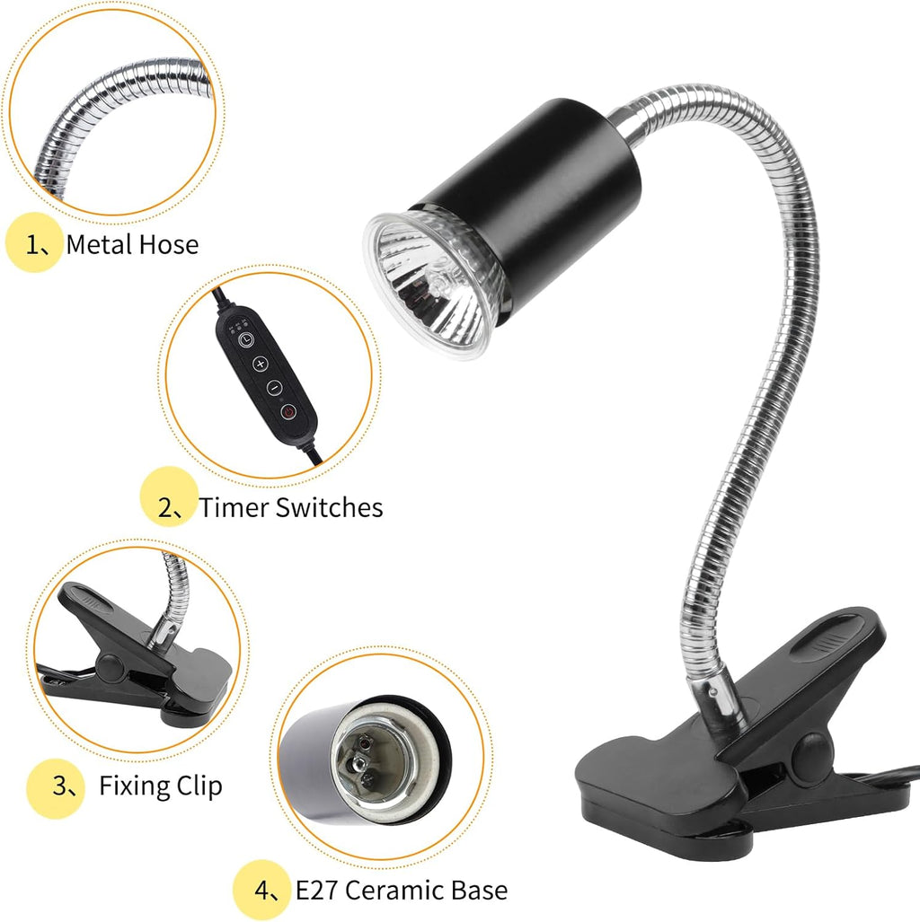 Reptile Heat Lamp with Clamp, Aquarium Turtle Tank Basking Light with 360° Rotatable Timing & Dimming and 2 Pack 50W
