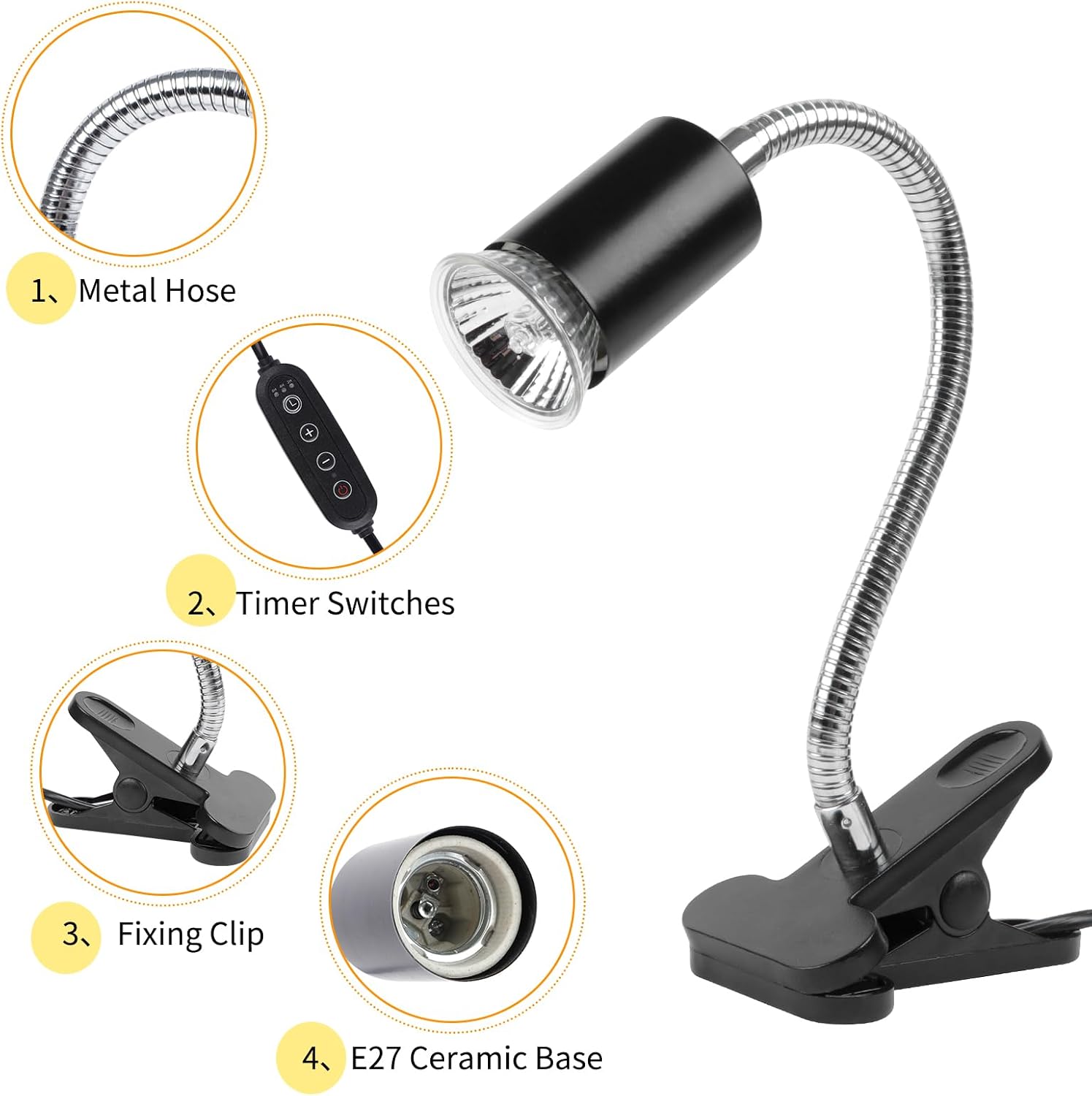 Reptile Heat Lamp with Clamp, Aquarium Turtle Tank Basking Light with 360° Rotatable Timing & Dimming and 2 Pack 50W