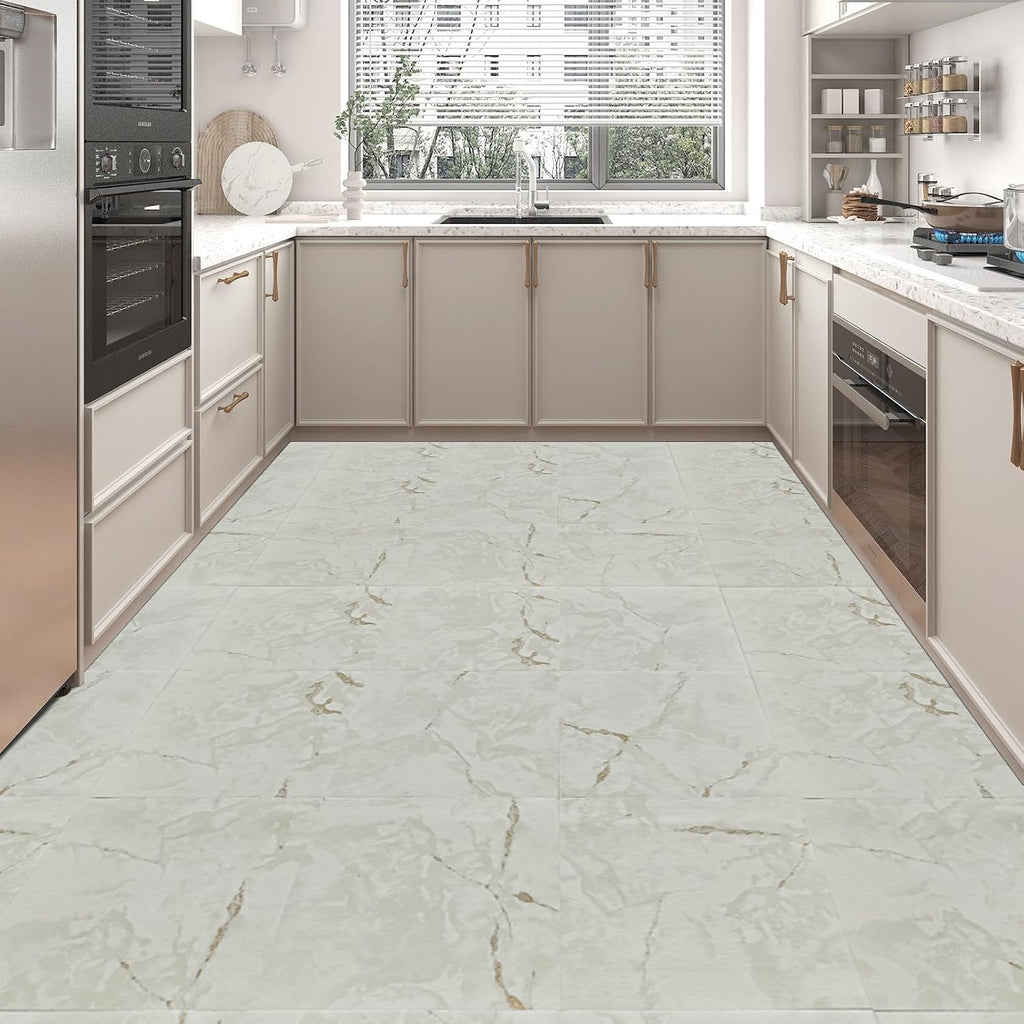 30-Pack Peel and Stick Floor Tiles, 12" x 12", White Grey Vein Marble