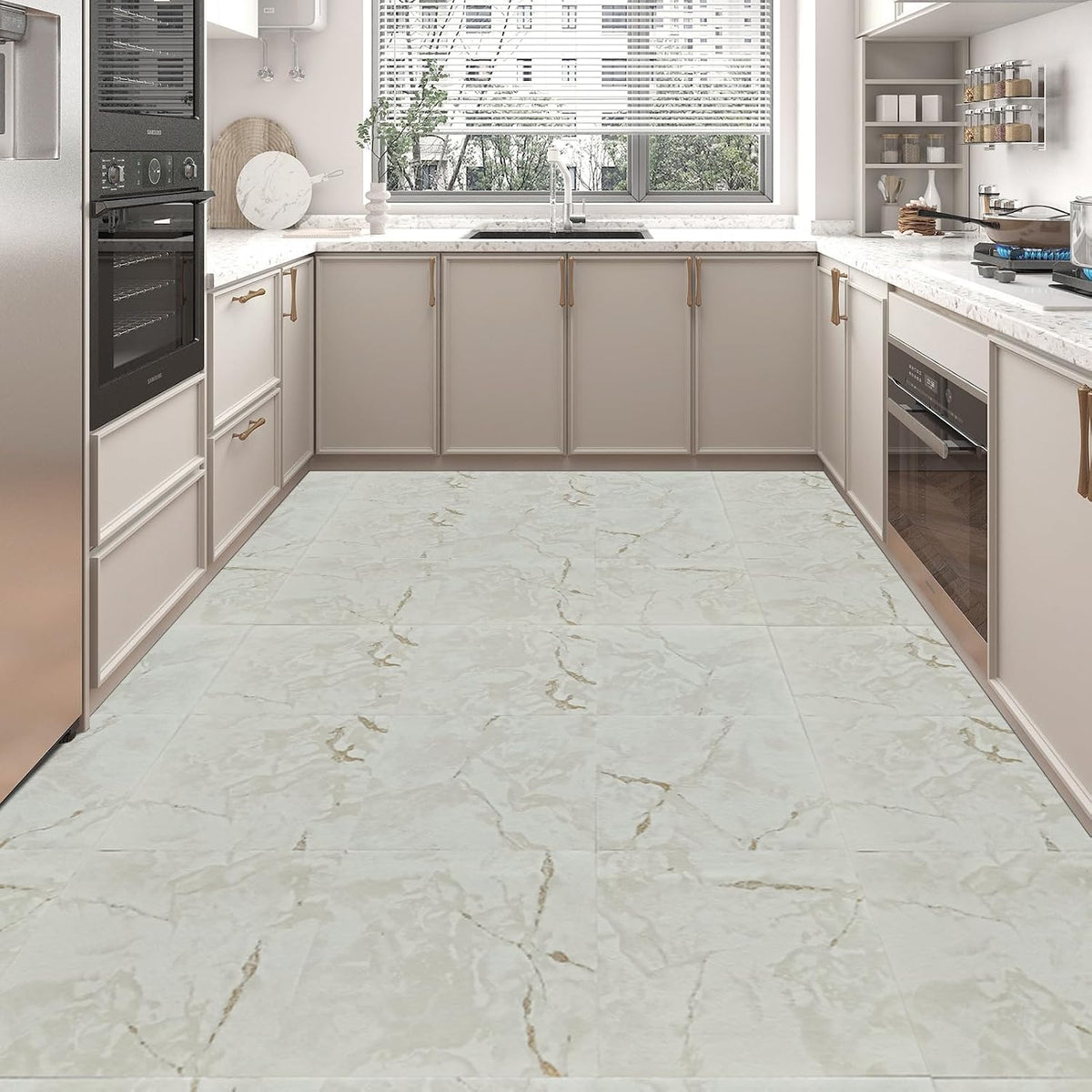 30-Pack Peel and Stick Floor Tiles, 12" x 12", White Grey Vein Marble