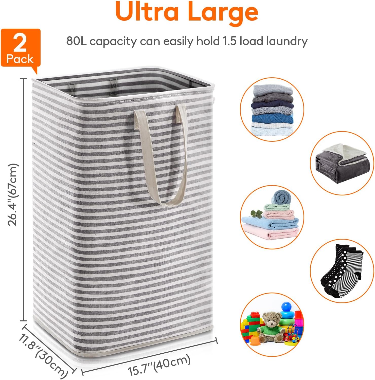 2 Pack Laundry Basket 80L Each, Collapsible Clothes Hamper with Reinforced Handles, Freestanding Waterproof Design