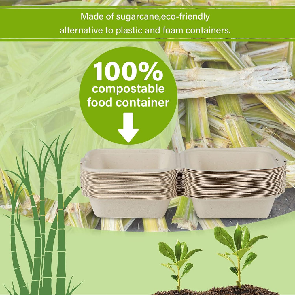 6x6 Compostable Clamshell Food Containers, 100 Pack, Bagasse