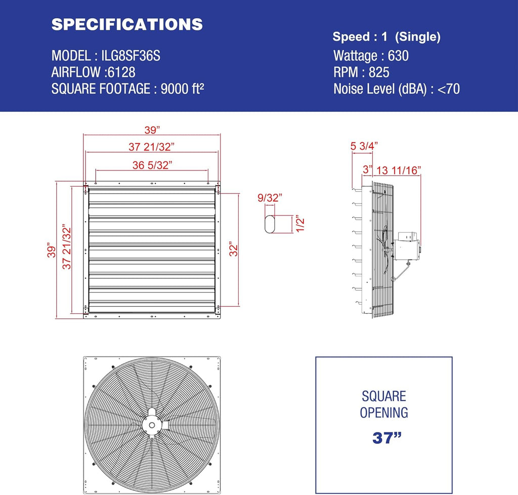 Iliving - 36" Wall Mounted Shutter Exhaust Fan - Automatic Shutter - Single Speed - Vent Fan For Home Attic, Shed, or Garage Ventilation, 6128 CFM, 9000 SQF Coverage Area, Silver (ILG8SF36S)