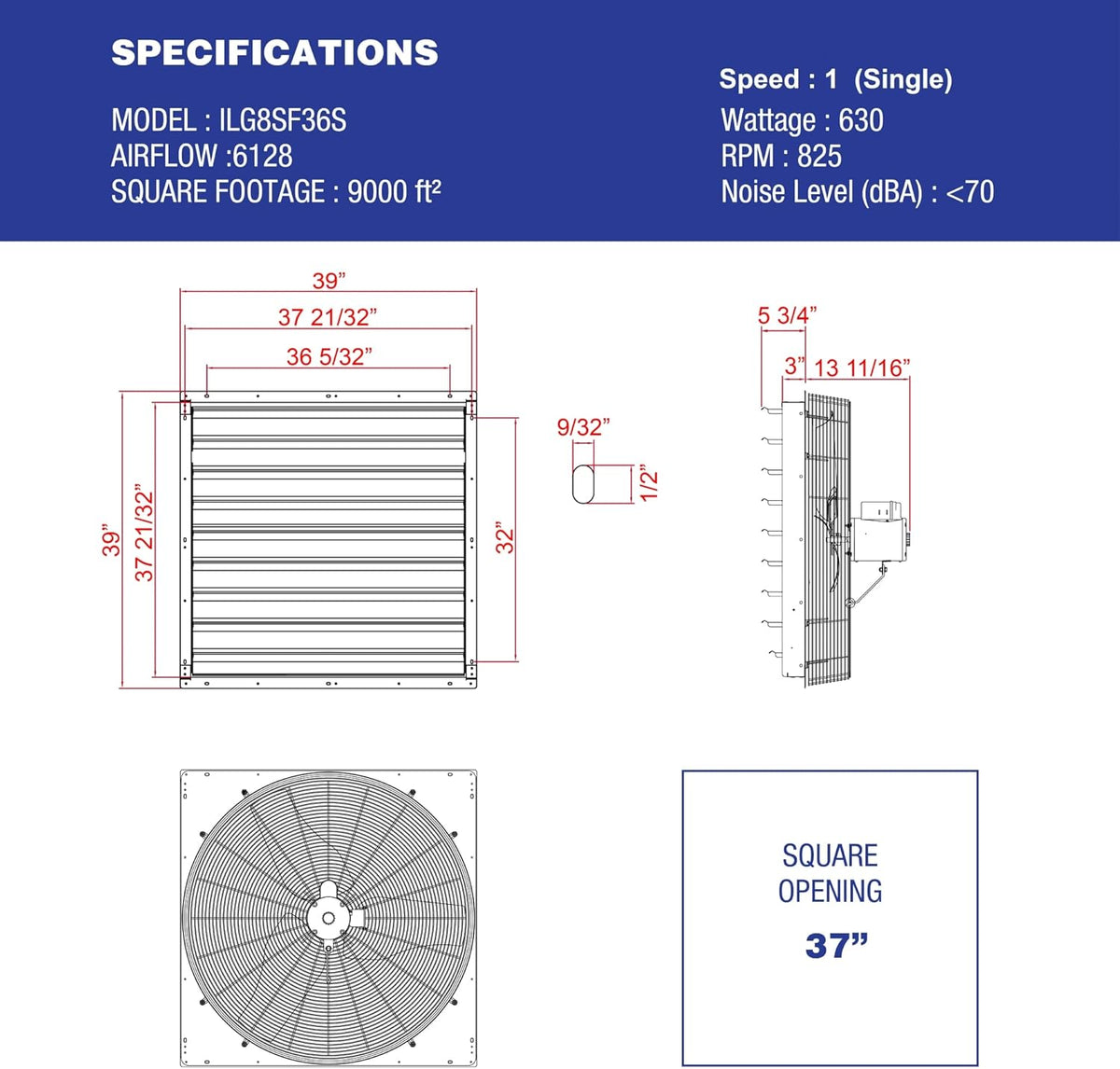 Iliving - 36" Wall Mounted Shutter Exhaust Fan - Automatic Shutter - Single Speed - Vent Fan For Home Attic, Shed, or Garage Ventilation, 6128 CFM, 9000 SQF Coverage Area, Silver (ILG8SF36S)