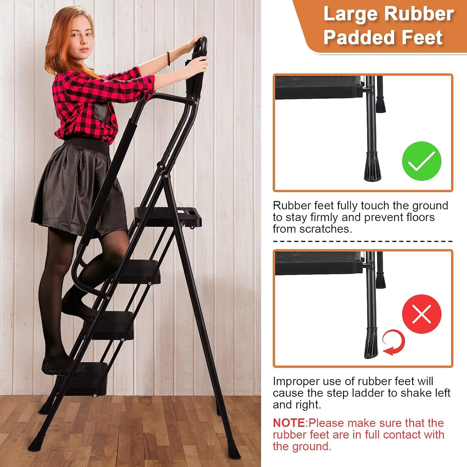 4 Step Ladder with Handrails, 330 lbs Folding Step Stool with Attachable Tool Bag & Anti-Slip Wide Pedal for Home