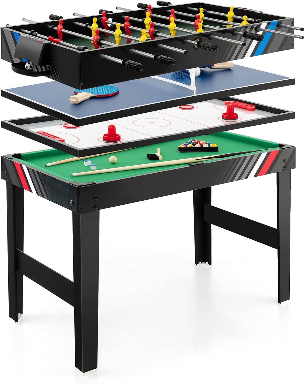 4 in 1 Multi Game Table, 49" Combo Game Table with Foosball Table, Pool Billiards, Air Hockey & Table Tennis for