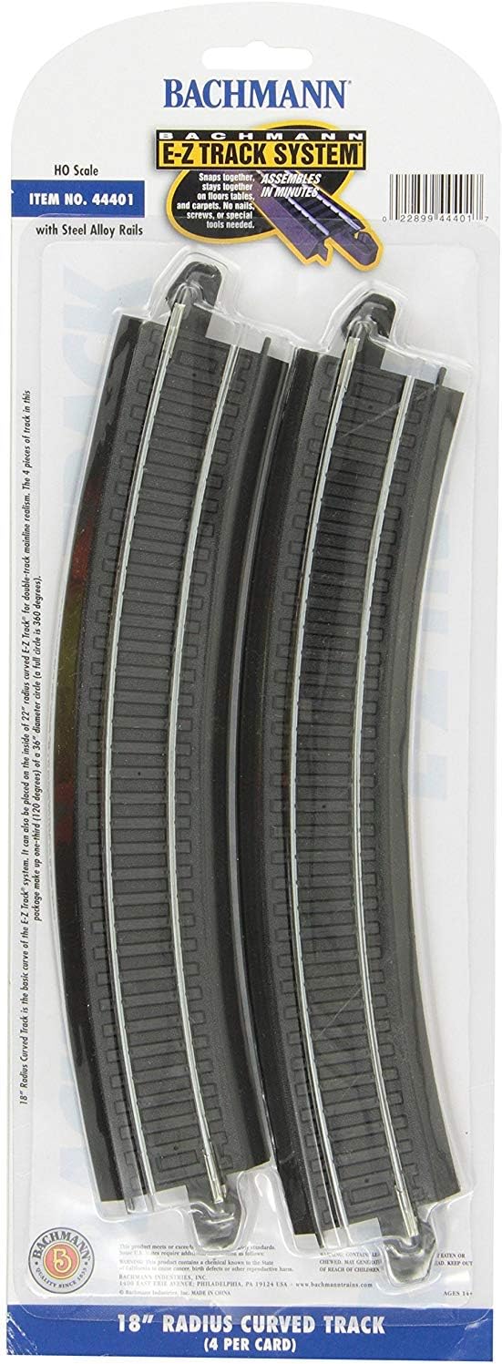 Trains - Snap-Fit E-Z Track 18” Radius Curved Track (4/card) - Steel Alloy Rail With Black Roadbed - HO Scale |