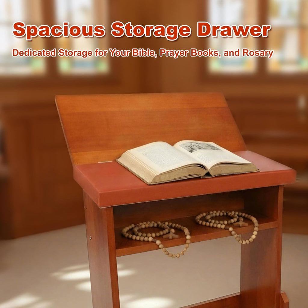 Folding Prayer Kneeler Bench, Adjustable Wooden with Bookshelf
