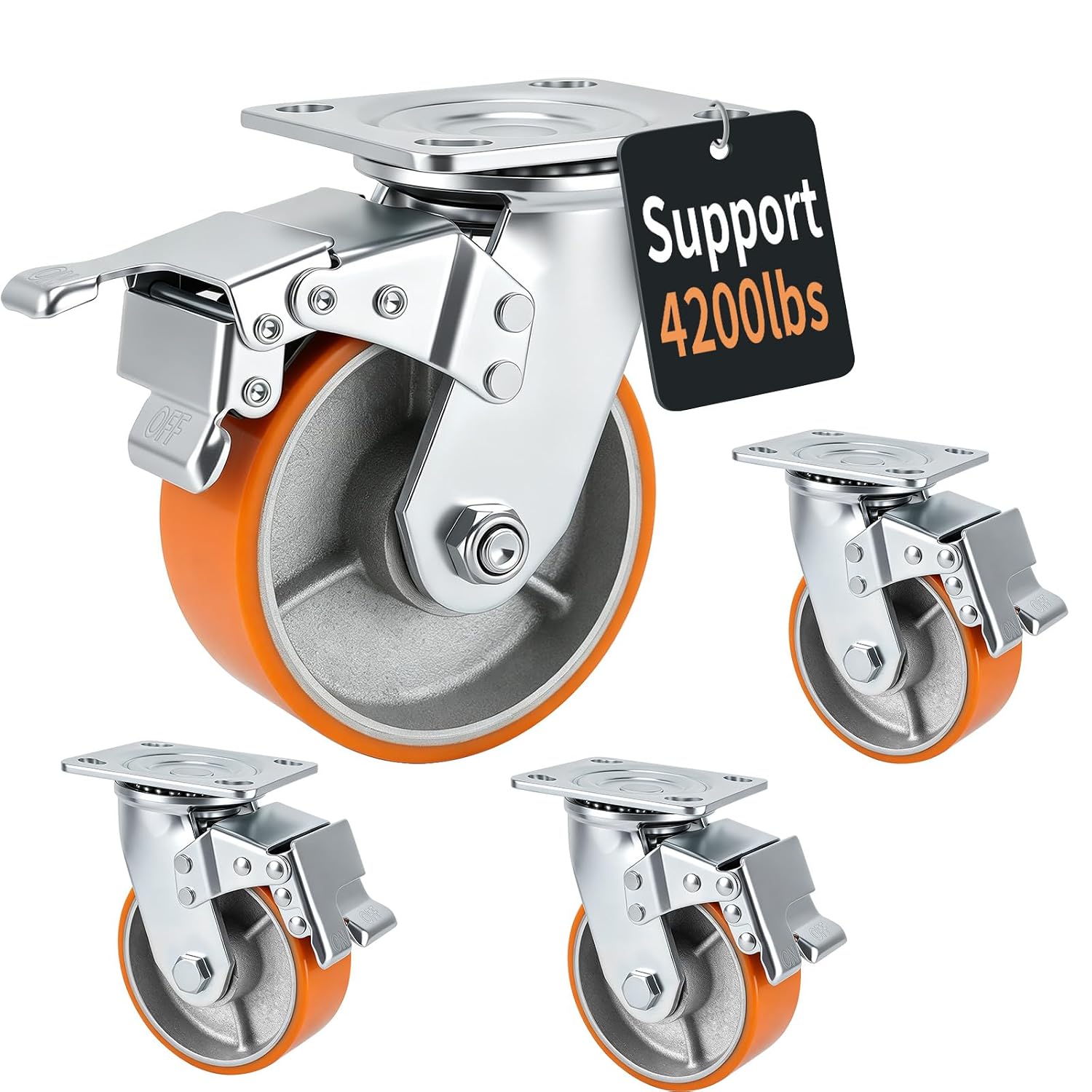5" Caster Wheels, Heavy-Duty Casters Set 4 - Total Locking with Swivel | 4200 LBS Load, Non-Marking Polyurethane on