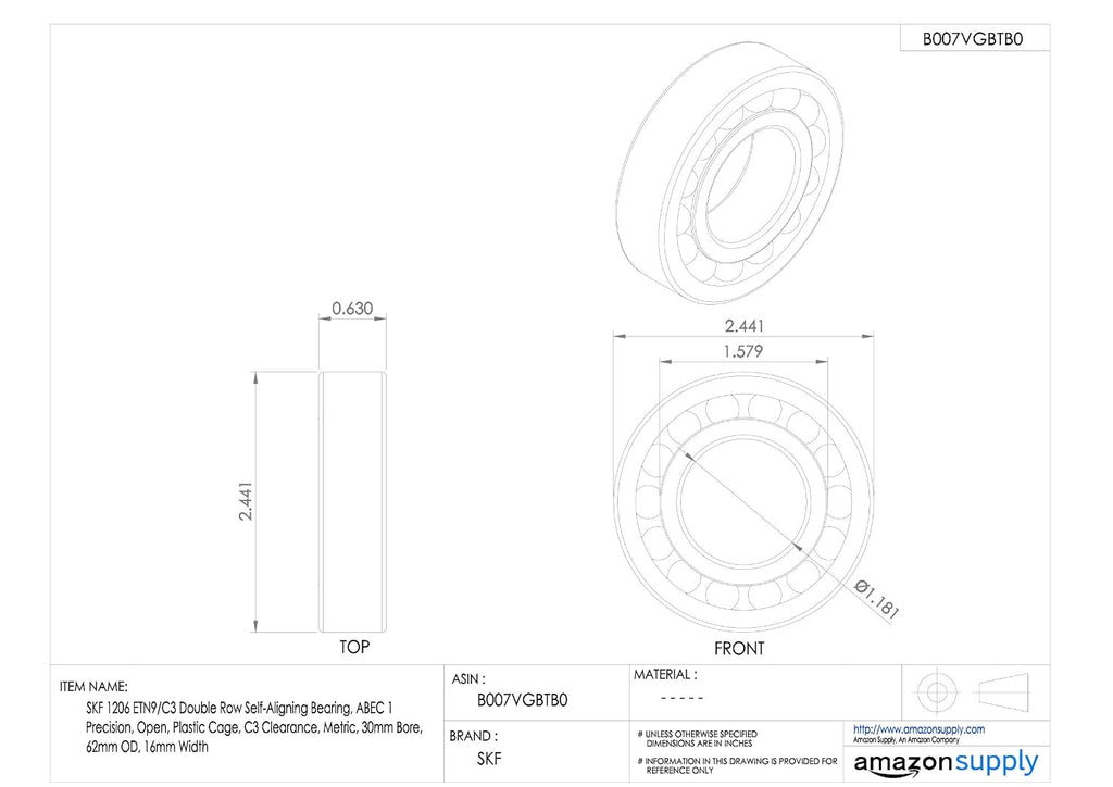 SKF 1206 ETN9/C3 Double Row Self-Aligning Bearing, ABEC 1 Precision, Open, Plastic Cage, C3 Clearance, Metric, 30mm Bore, 62mm OD, 16mm Width