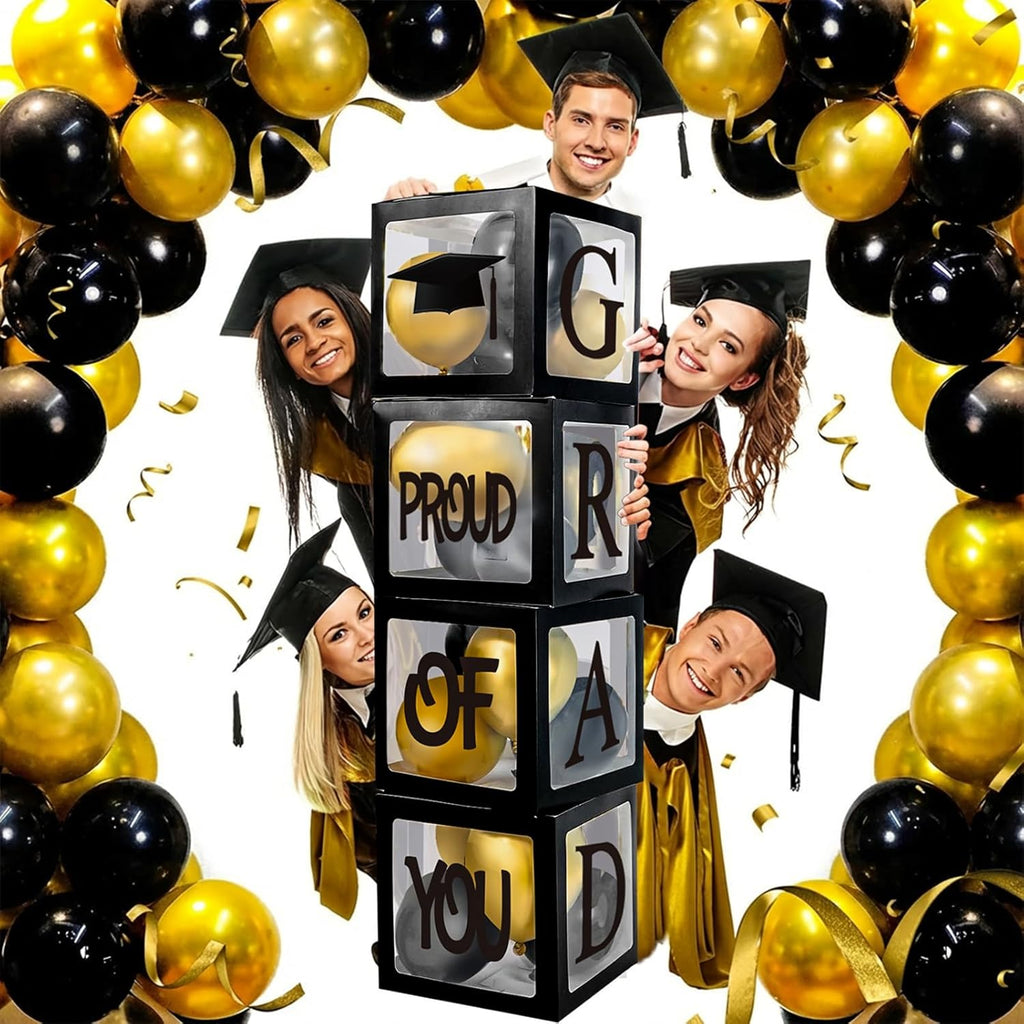 Graduation Decorations 2026,4 Pcs Transparent Balloon Boxes with Letters of GRAD,PROUD OF YOU,Class of 2026 and
