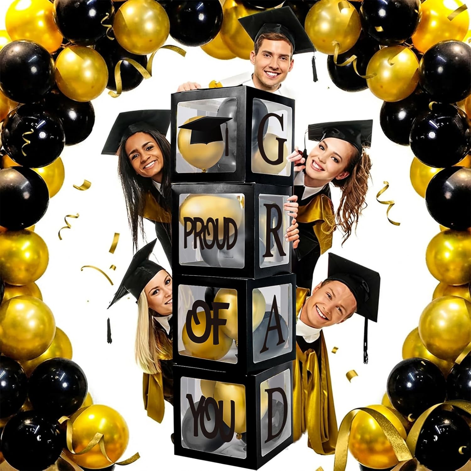Graduation Decorations 2026,4 Pcs Transparent Balloon Boxes with Letters of GRAD,PROUD OF YOU,Class of 2026 and