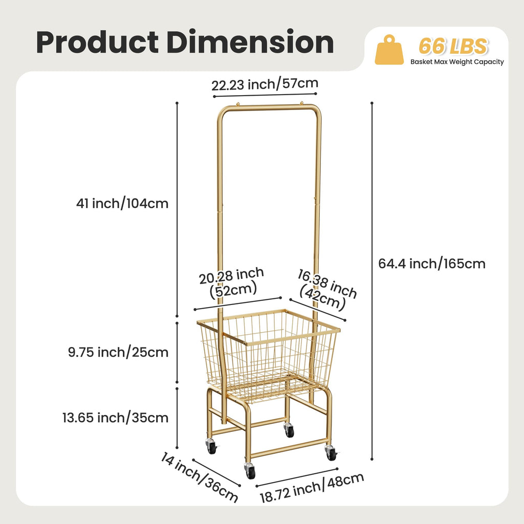 Rolling Laundry Cart with Wheels, Laundry Hamper Basket Organizer with Clothes Hanging Rack, Wire Storage Cloth Shelf