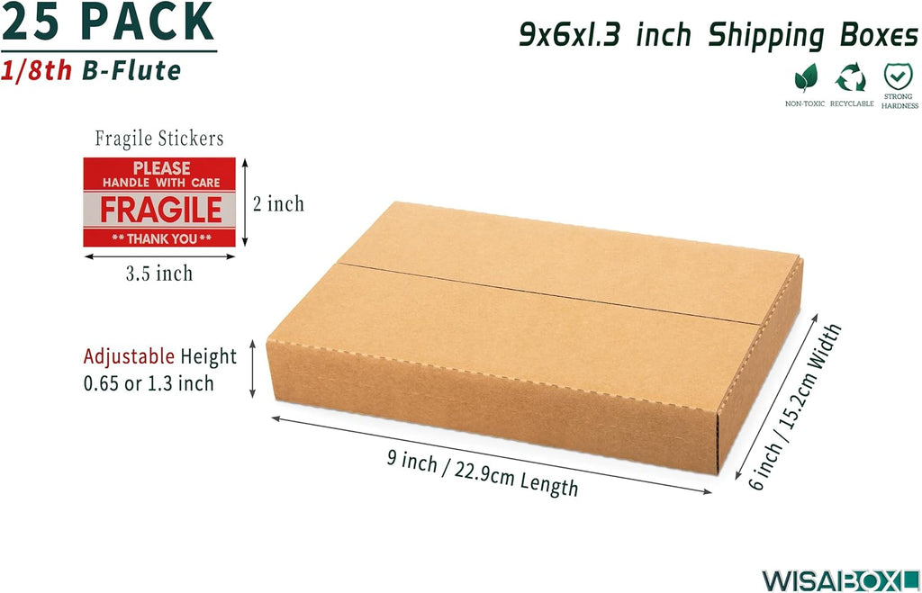 9x6x1.3 inch Shipping Boxes with Fragile Stickers, Brown, 25-Pack