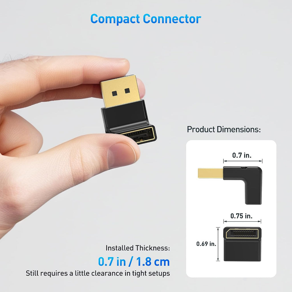 4K@240Hz Right Angle DisplayPort 1.4 Adapter, 90 Degree | 8K@60Hz, 8K DisplayPort Adapter, Black, 32.4Gbps