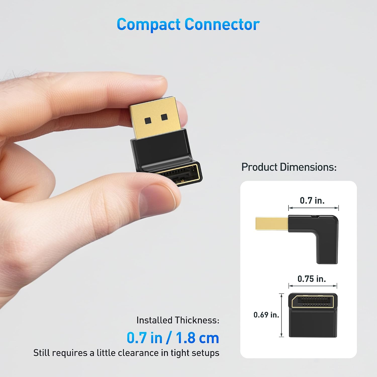 4K@240Hz Right Angle DisplayPort 1.4 Adapter, 90 Degree | 8K@60Hz, 8K DisplayPort Adapter, Black, 32.4Gbps