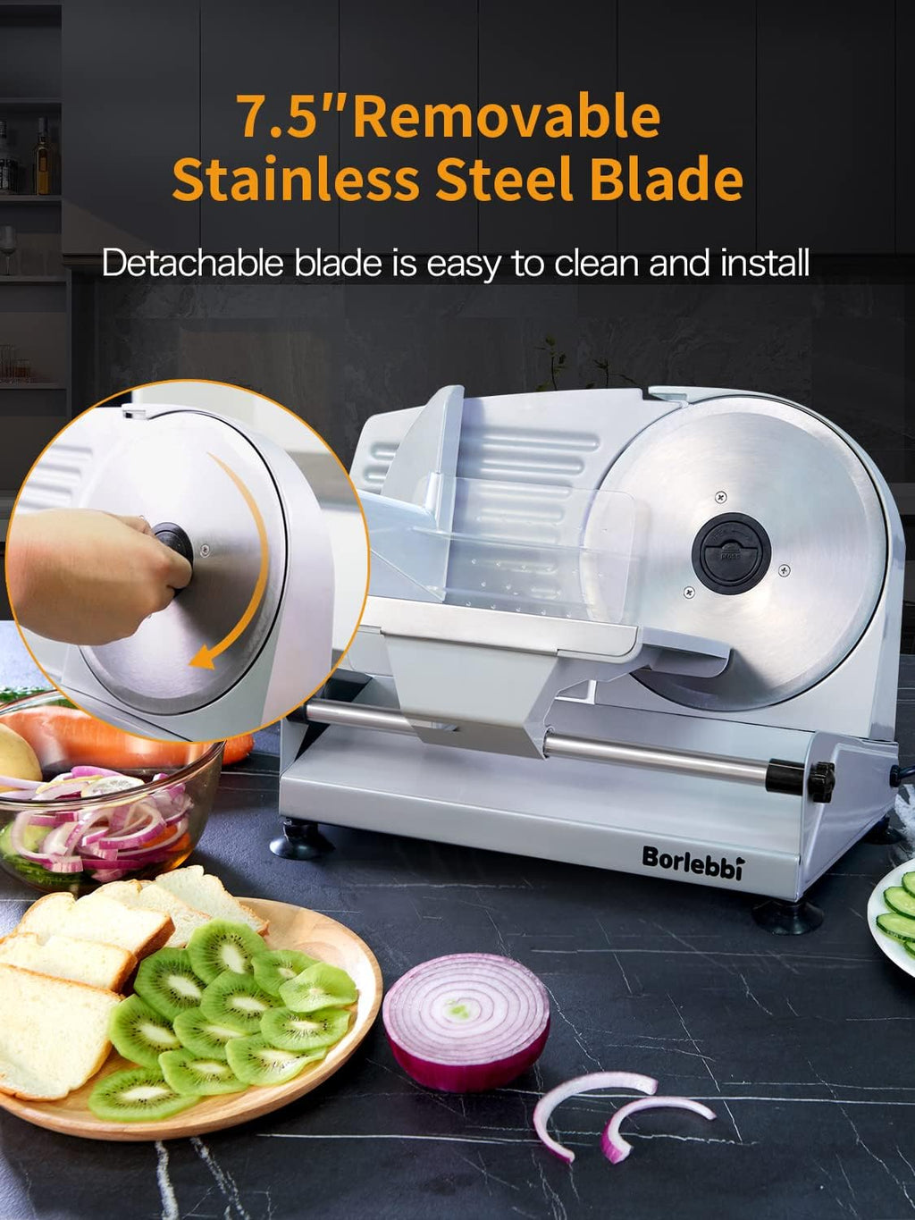 Meat Slicer, 200W Electric Food Slicer with 2 Removable 7.5" Blades