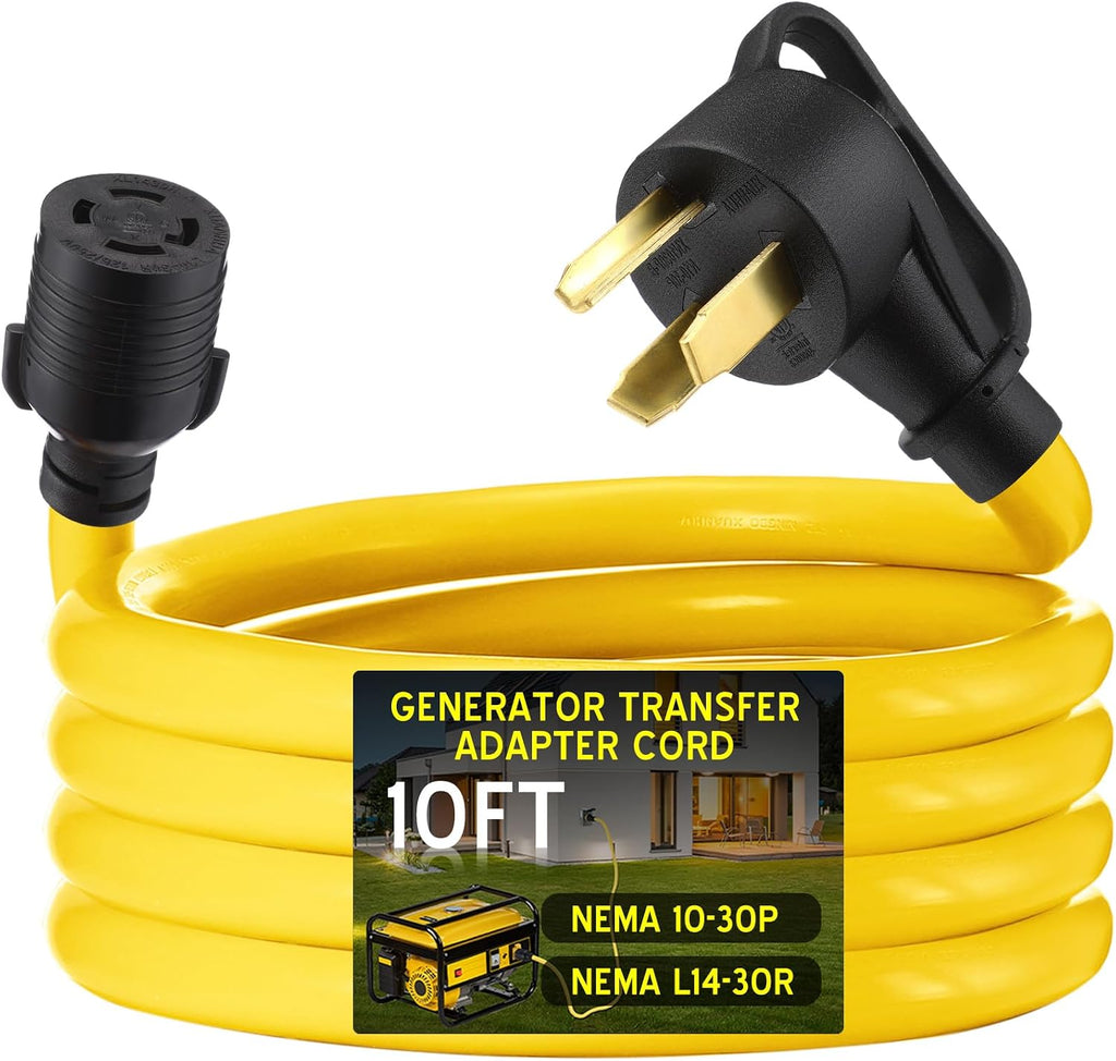 10 FT NEMA 10-30P to L14-30R 1 FT 30 Amp Generator Transfer Switch Adapter Cord, 3 Prong Old Dryer Outlet to 4 Prong