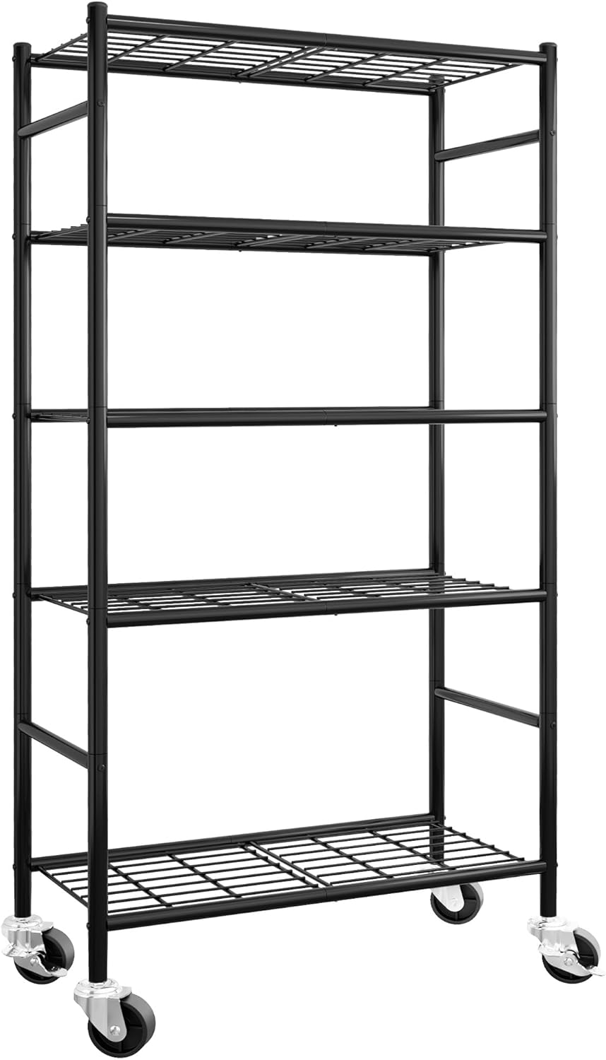 Storage Shelves Organizer - 5 Tier Metal Shelf Organizer with Metal Wheels and Adjustable Leveling Feet, Heavy Duty