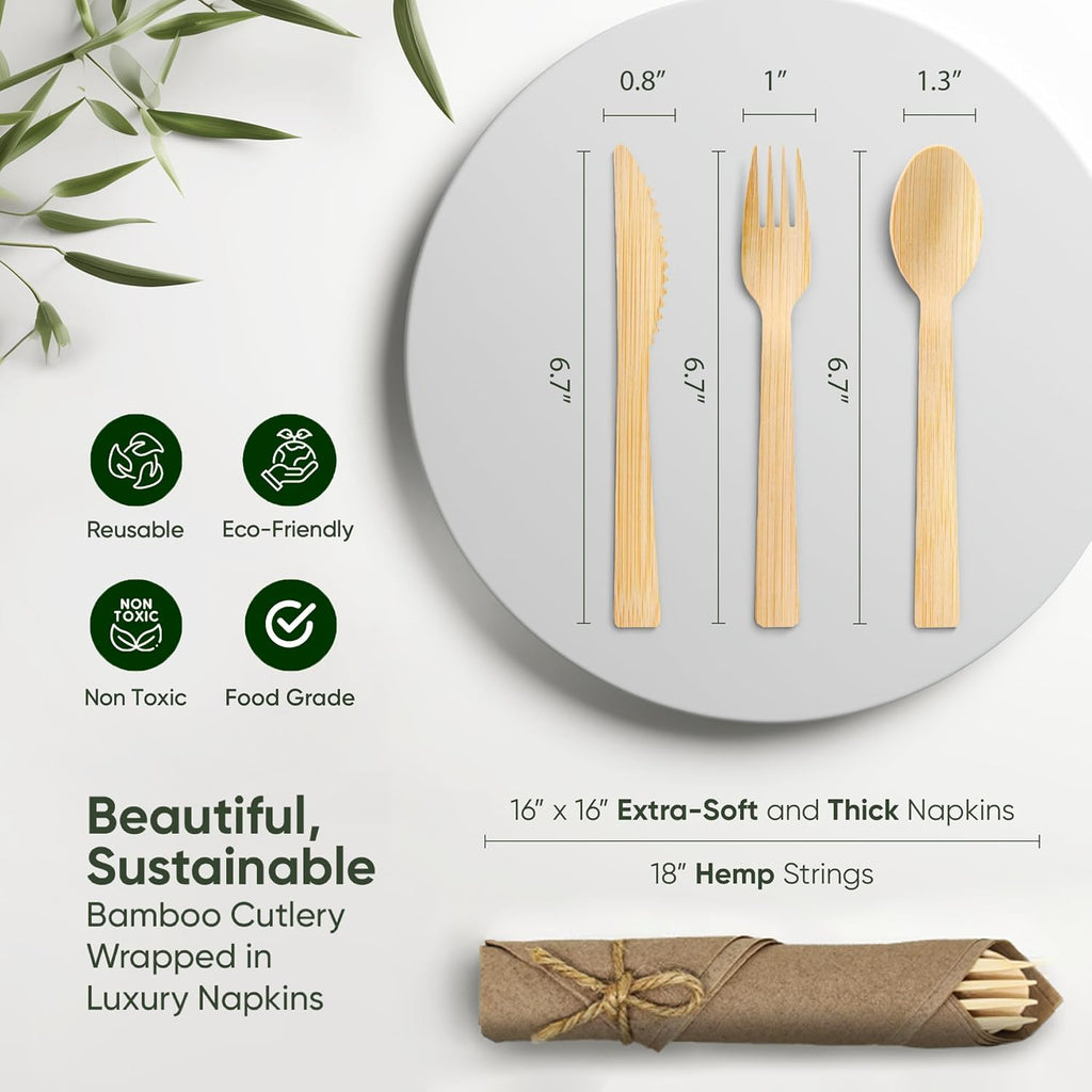 Brown Pre Rolled Napkin and Bamboo Cutlery Set (30 Pack, 120 PCS)