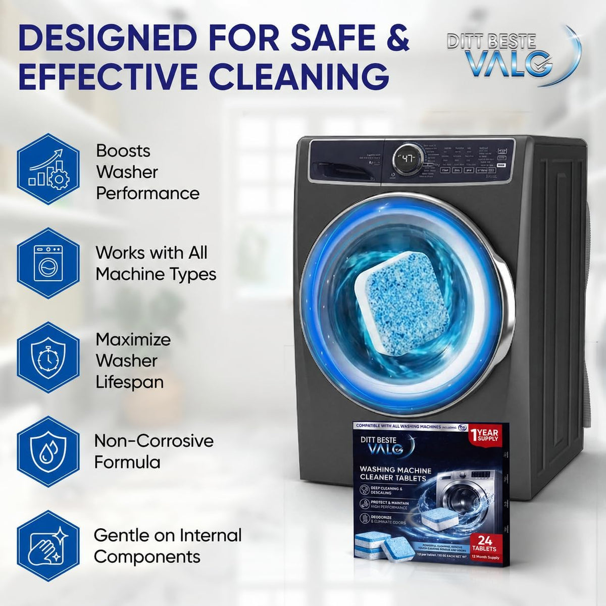 Premium Washing Machine Cleaner Tablets 24 Powerful Deep Clean Descaler & Deodorizer Pods HE Compatible Front & Top