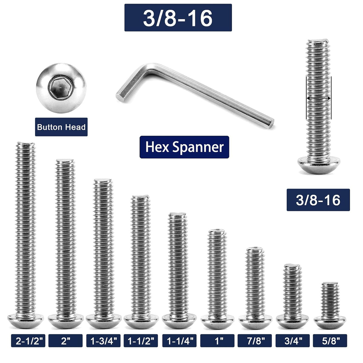 3/8-16 x 1 Button Head Socket Cap Bolts Screws, 20Pcs 304 Stainless Steel 18-8, Allen Hex Drive, Bright Finish by SG TZH(with Hex Spanner)