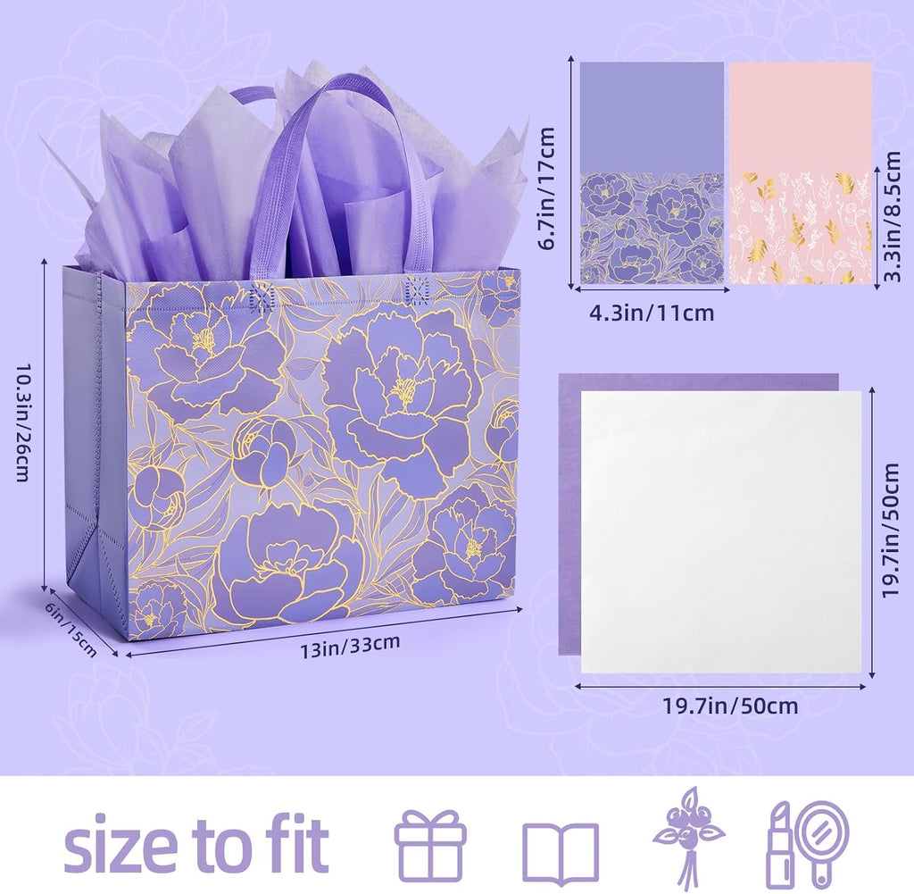 2 Pack 13" Large Beautiful Gift Bags Set with Greeting Card and Tissue Paper, Reusable Non-Woven Gift Wrap Bags with