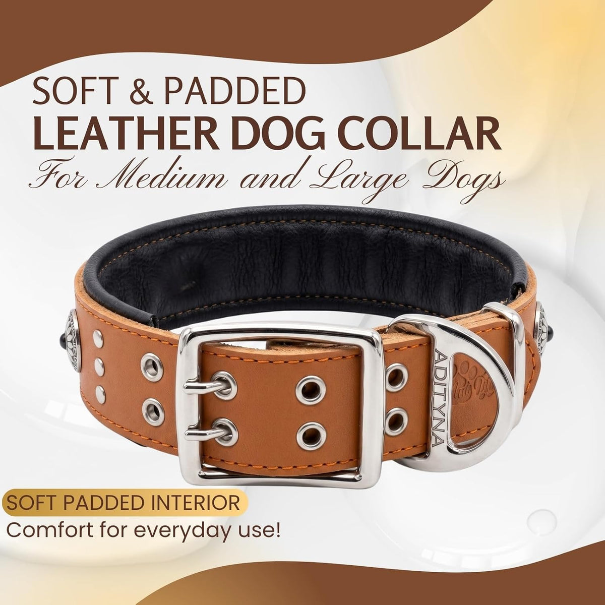Studded Leather Dog Collar for Large Dogs, Adjustable 19-24"