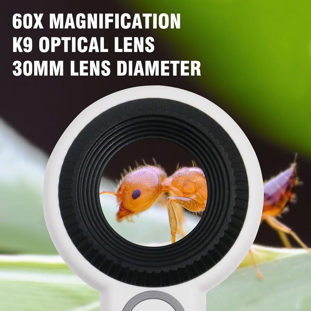 60X Handheld Magnifier with UV&LED Lights Jeweler Loups Magnifying Glass with 30mm Optical Lens, Touch Button