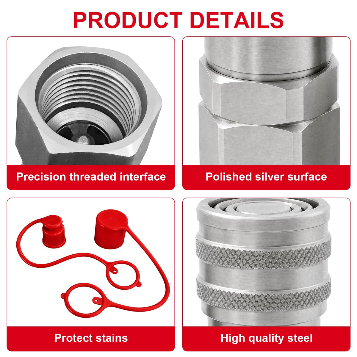 3/4'' SAE -12 Thread Skid Steer Flat Face Hydraulic Quick Connect Coupler Set, 1/2" Body W/Dust Cap