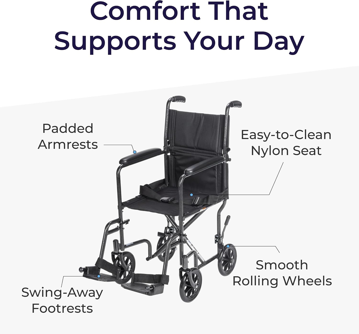Folding Transport Wheelchair, Swing-Away Footrest, Silver